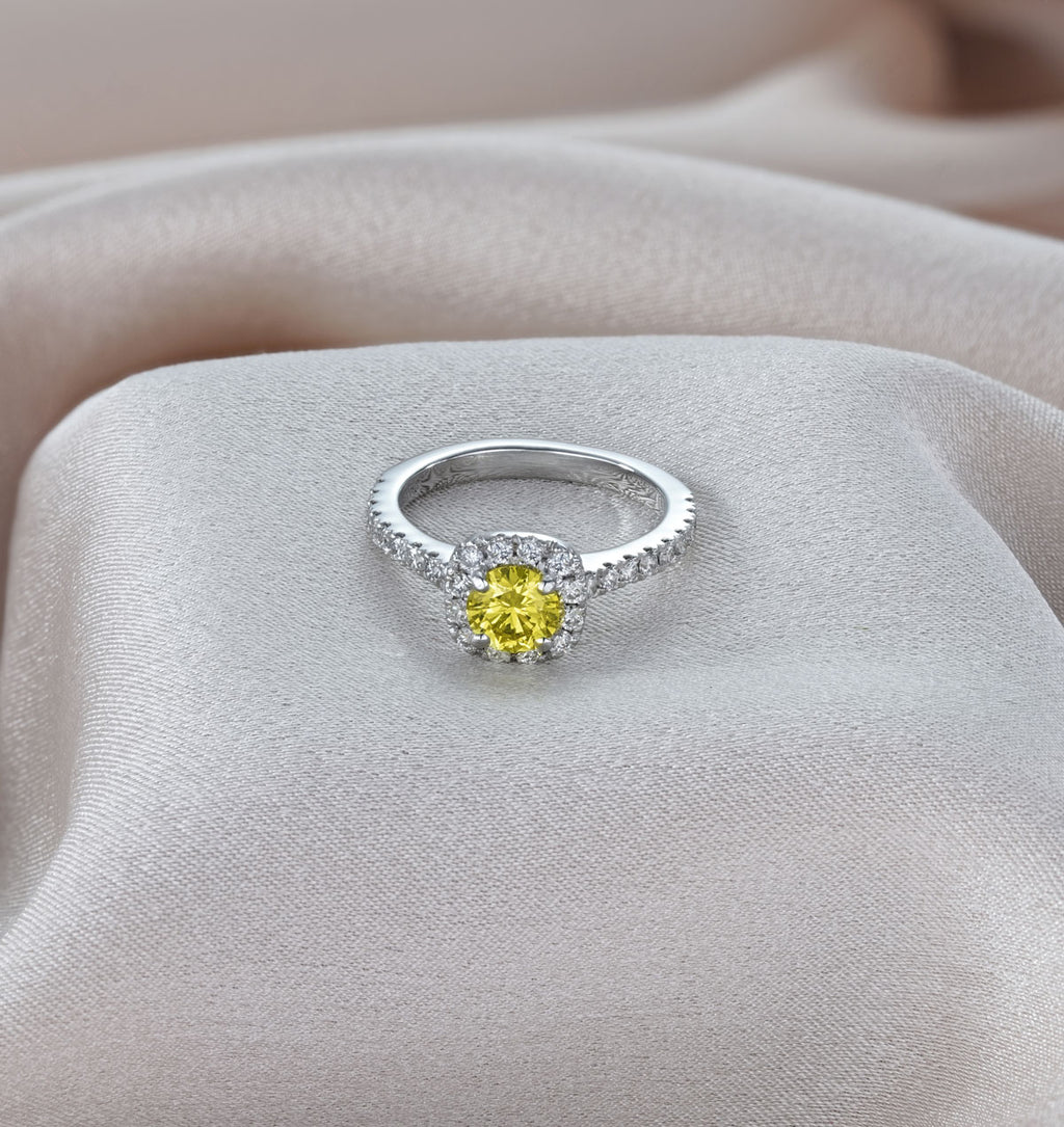 Elizabeth Yellow Lab Diamond 1.00ct Halo Ring in 18K White Gold - Elara Collection