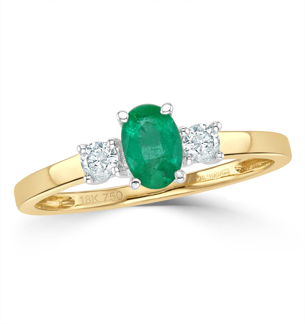 Emerald 6 x 4mm And Diamond 18K Gold Ring N4314