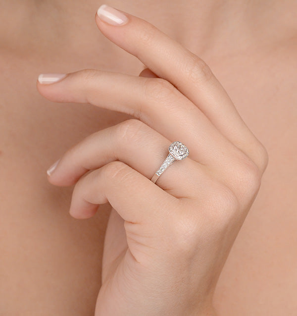 Halo Engagement Ring Alice 0.90ct H/SI Diamond in 18K White Gold