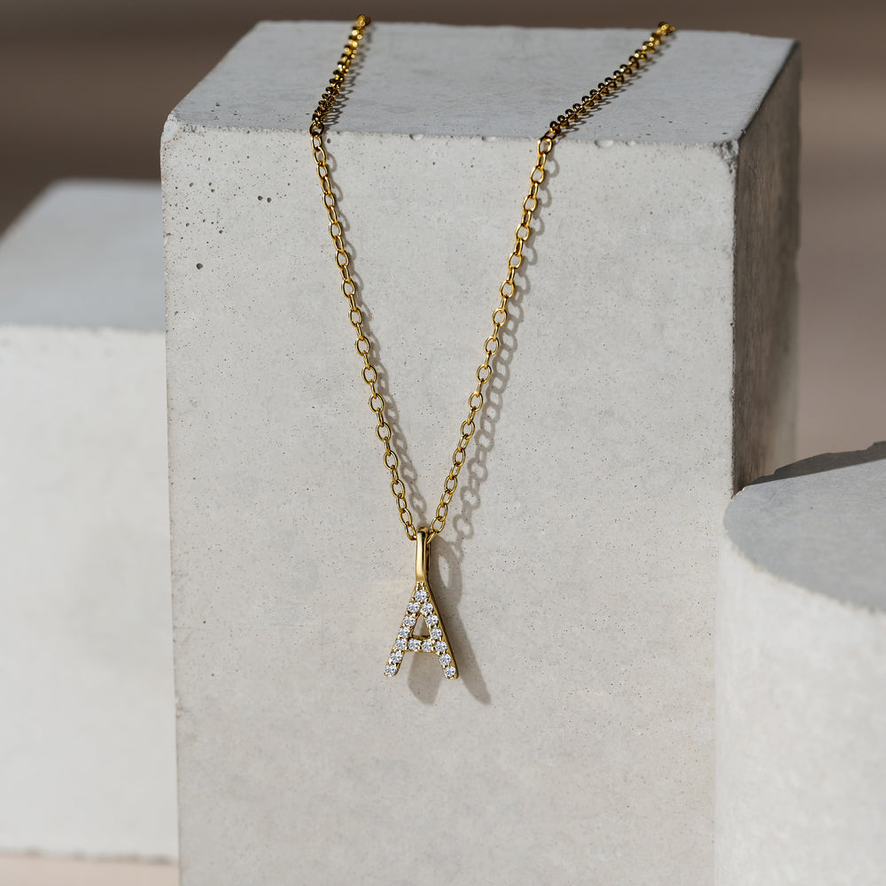 Love Letter Initial A Lab Diamond Necklace set in 9K Yellow Gold