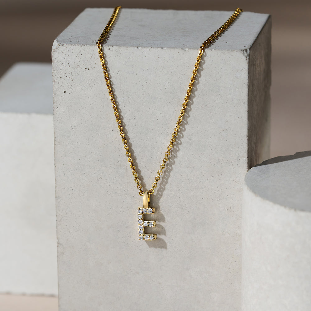 Love Letter Initial E Lab Diamond Necklace set in 9K Yellow Gold