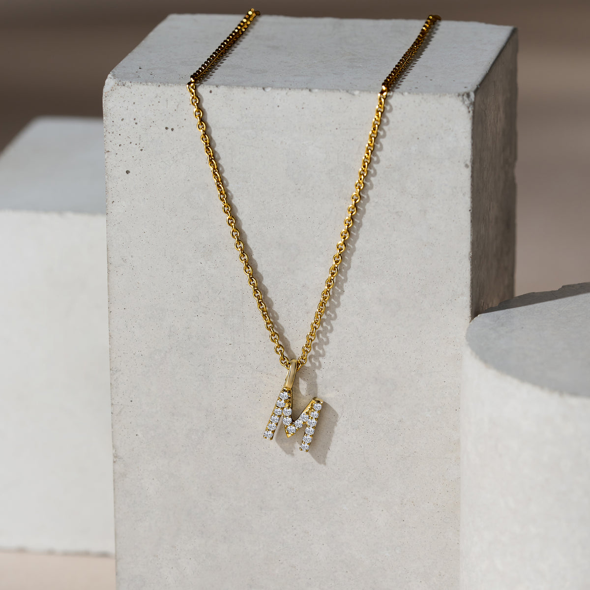 Love Letter Initial M Lab Diamond Necklace set in 9K Yellow Gold