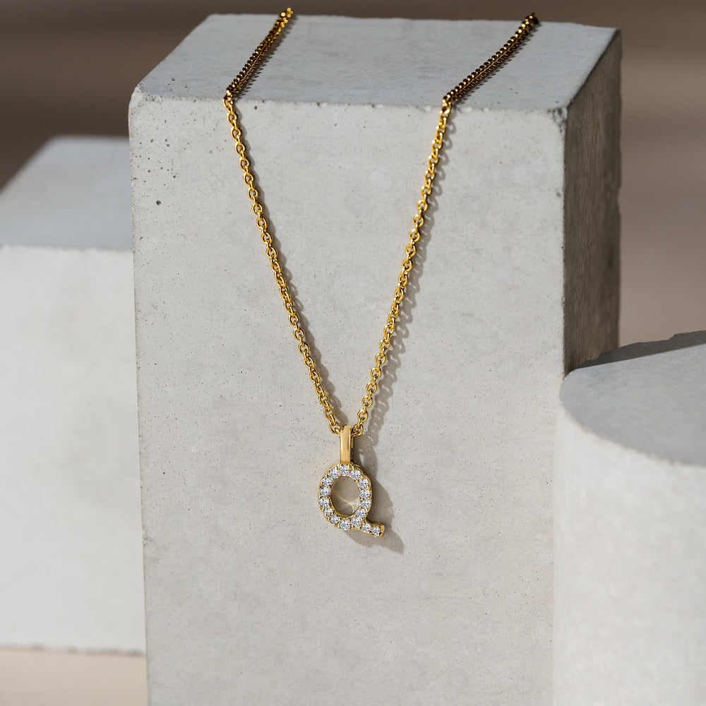 Love Letter Initial Q Lab Diamond Necklace set in 9K Yellow Gold