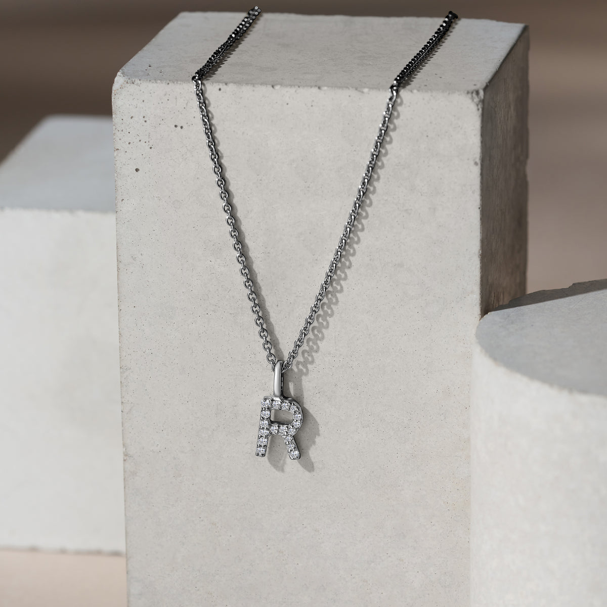 Love Letter Initial R Lab Diamond Necklace set in 9K White Gold