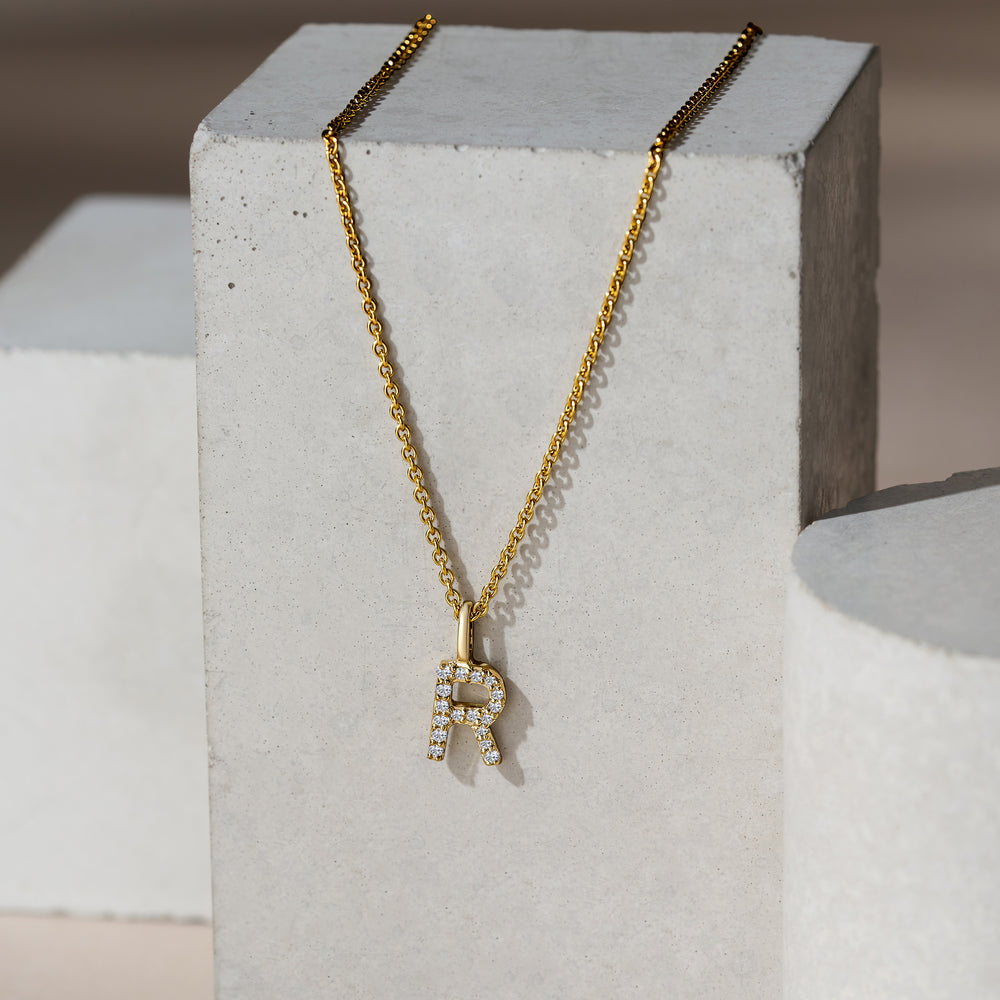 Love Letter Initial R Lab Diamond Necklace set in 9K Yellow Gold