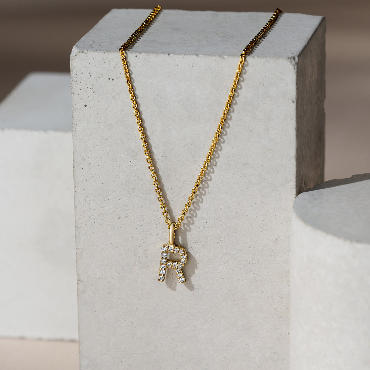 Love Letter Initial R Lab Diamond Necklace set in 9K Yellow Gold