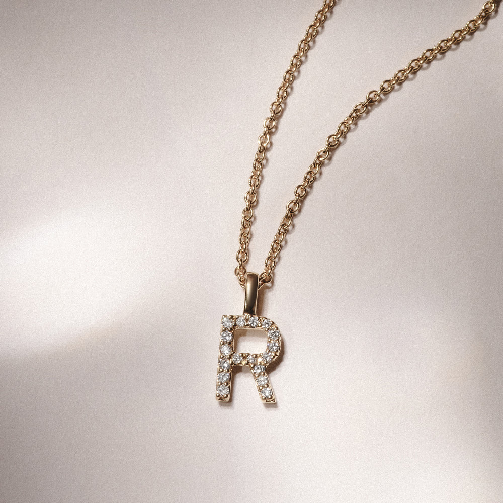 Love Letter Initial R Lab Diamond Necklace set in 9K Yellow Gold