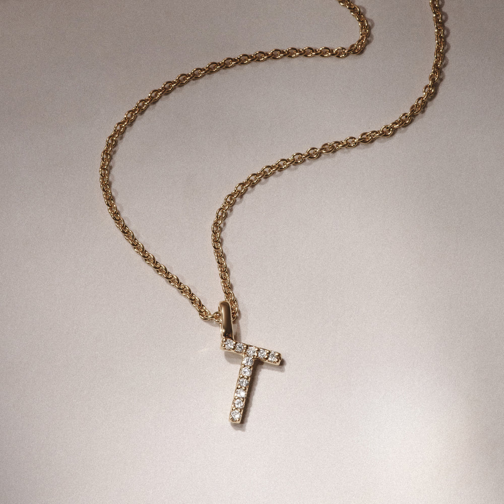 Love Letter Initial T Lab Diamond Necklace set in 9K Yellow Gold