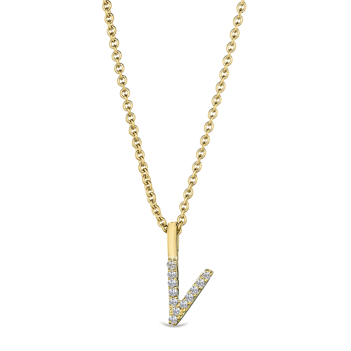 Love Letter Initial V Lab Diamond Necklace set in 9K Yellow Gold