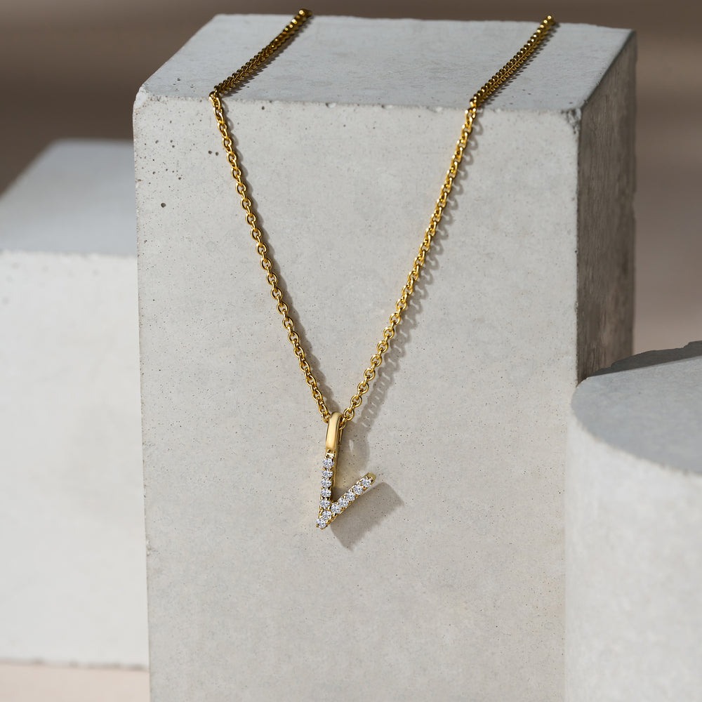 Love Letter Initial V Lab Diamond Necklace set in 9K Yellow Gold