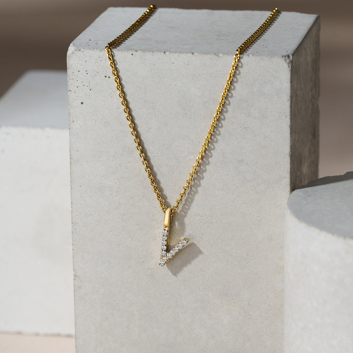 Love Letter Initial V Lab Diamond Necklace set in 9K Yellow Gold