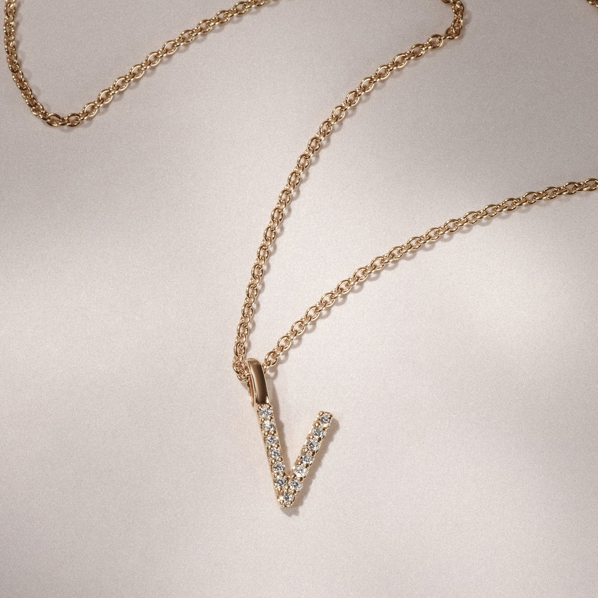 Love Letter Initial V Lab Diamond Necklace set in 9K Yellow Gold
