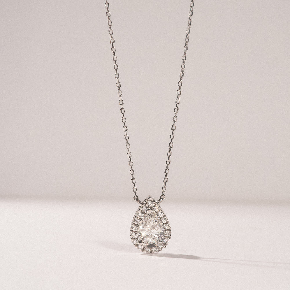 Lumia Pear Cut Lab Diamond Halo Pendant 1.20ct F/VS in 9K White Gold