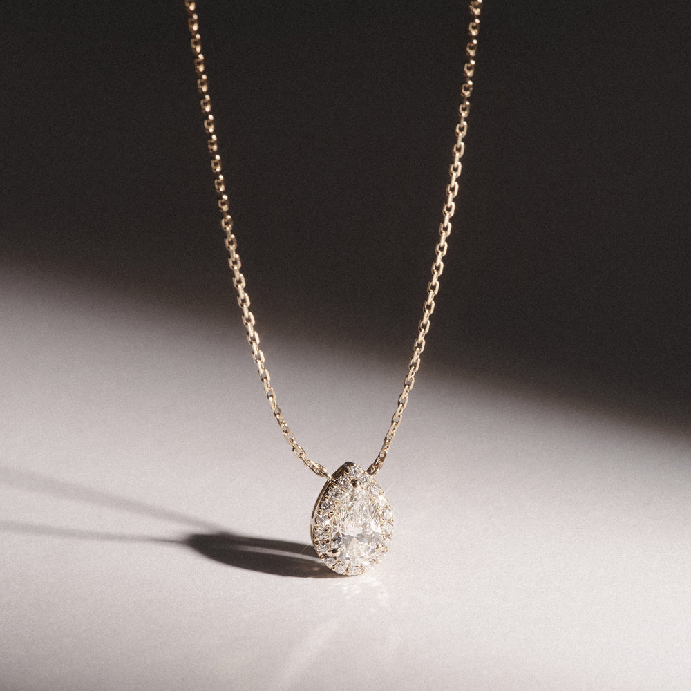 Lumia Halo 1.20ct Pear Cut Lab Diamond Necklace in 9K Yellow Gold