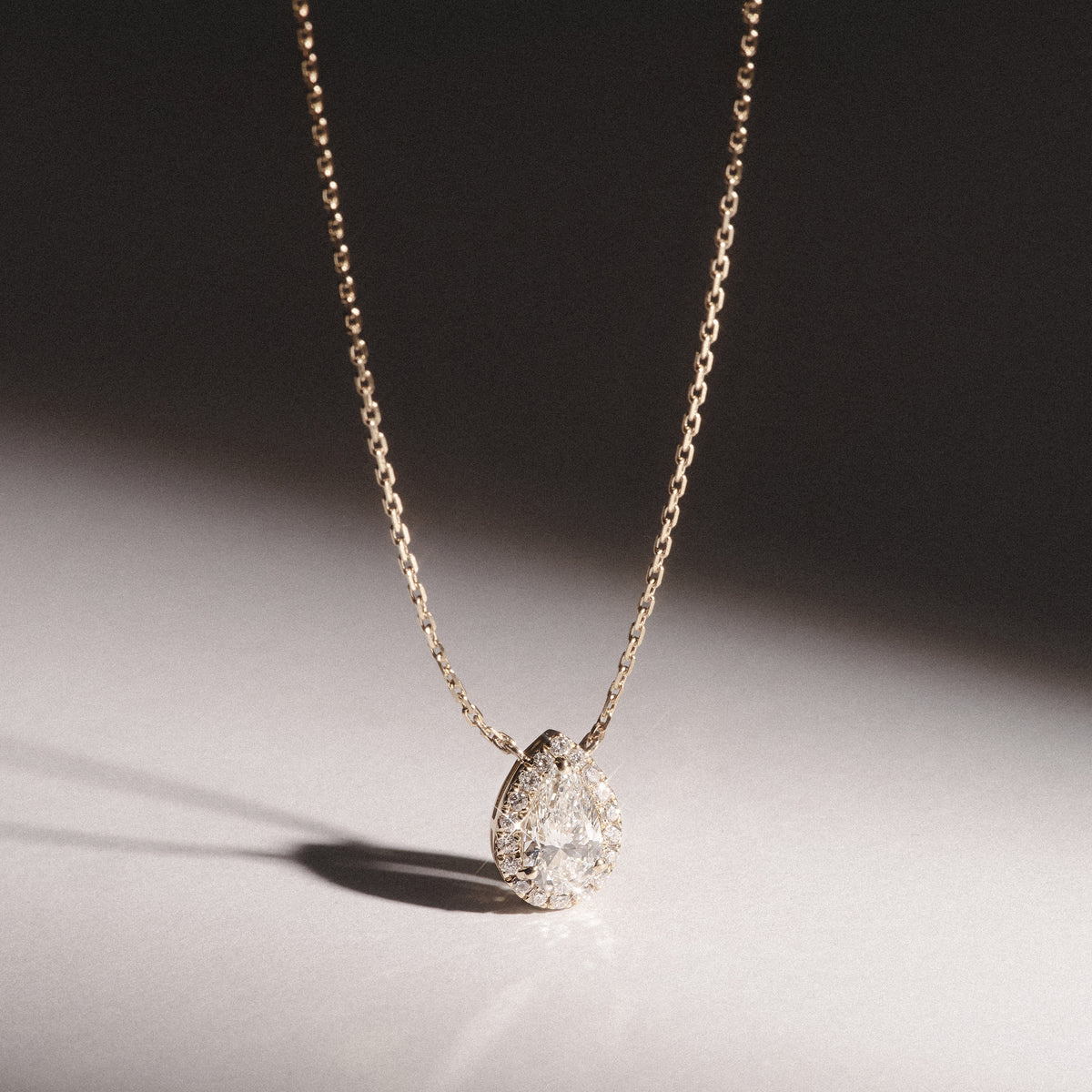 Lumia Halo 1.20ct Pear Cut Lab Diamond Necklace in 9K Yellow Gold