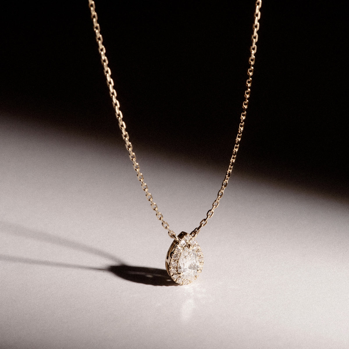 Lumia Halo 0.65ct Pear Cut Lab Diamond Necklace in 9K Yellow Gold