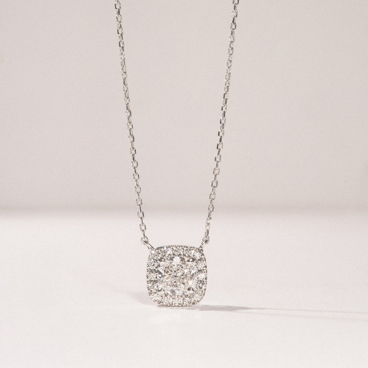 Lumia Cushion Cut Lab Diamond Halo Pendant 0.65ct F/VS in 9K White Gold