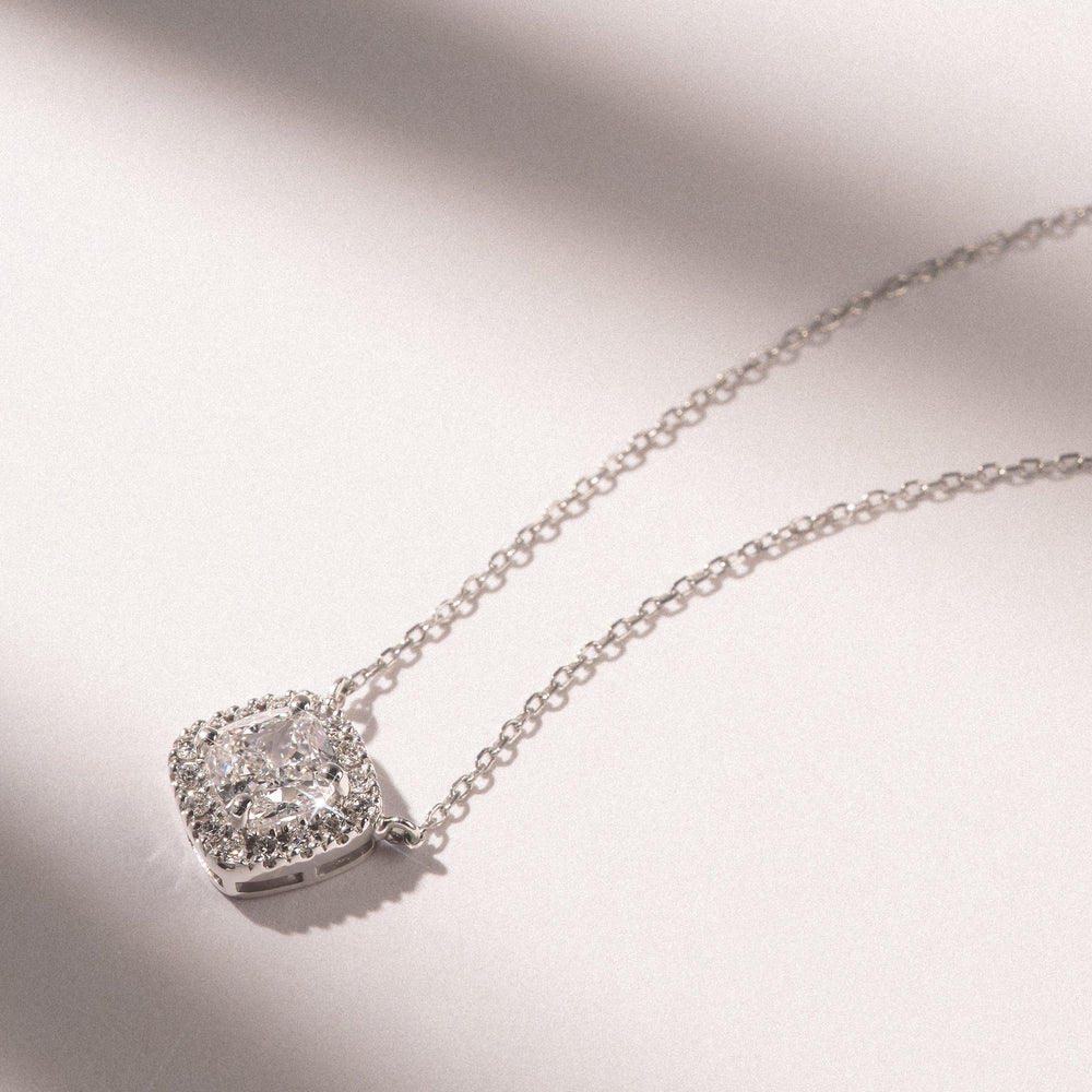 Lumia Cushion Cut Lab Diamond Halo Pendant 0.65ct F/VS in 9K White Gold