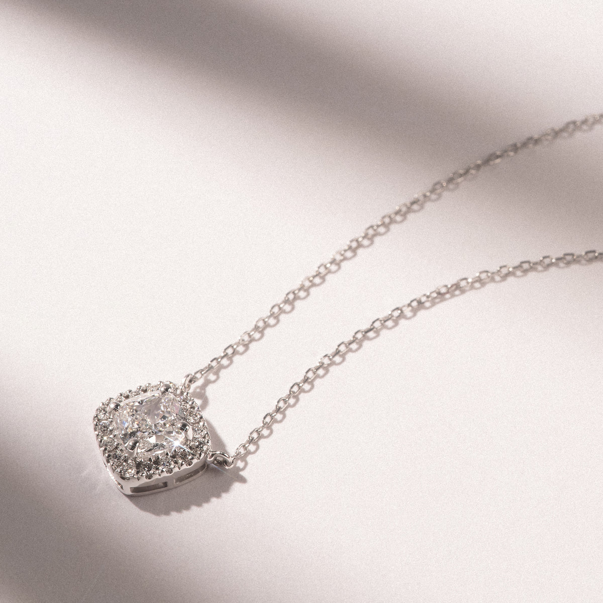 Lumia Cushion Cut Lab Diamond Halo Pendant 0.65ct F/VS in 9K White Gold