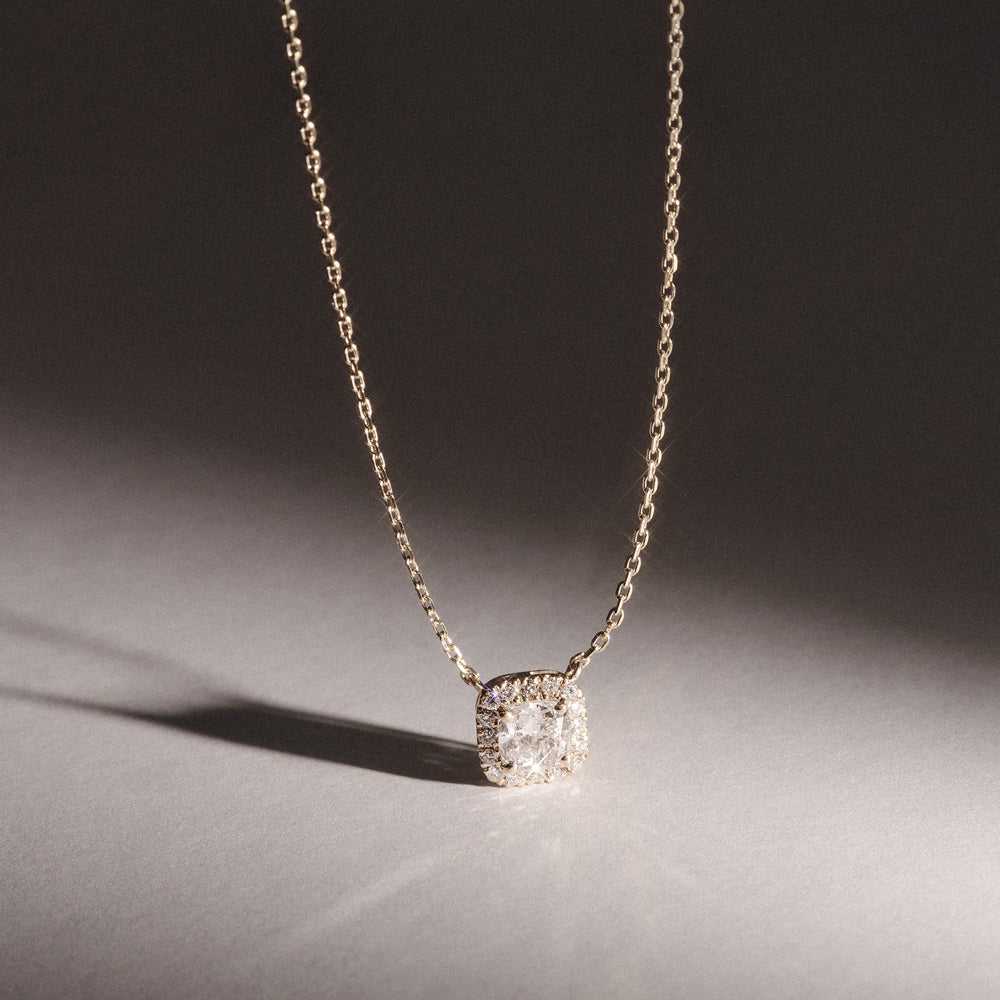 Lumia Halo 0.65ct Cushion Cut Lab Diamond Necklace in 9K Yellow Gold