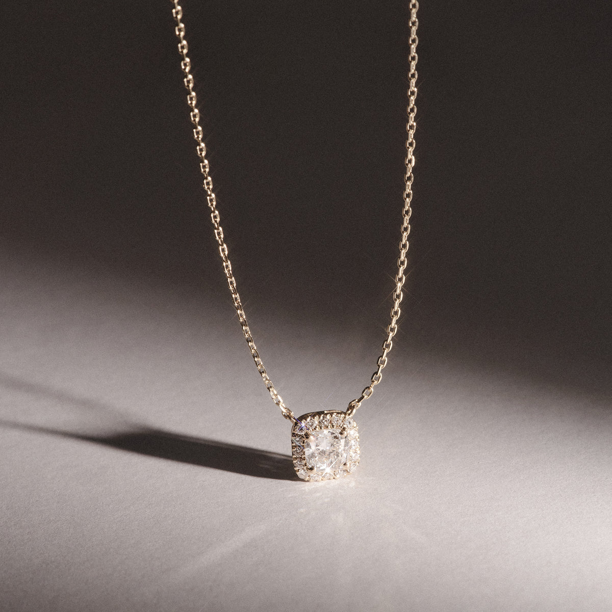 Lumia Halo 0.65ct Cushion Cut Lab Diamond Necklace in 9K Yellow Gold