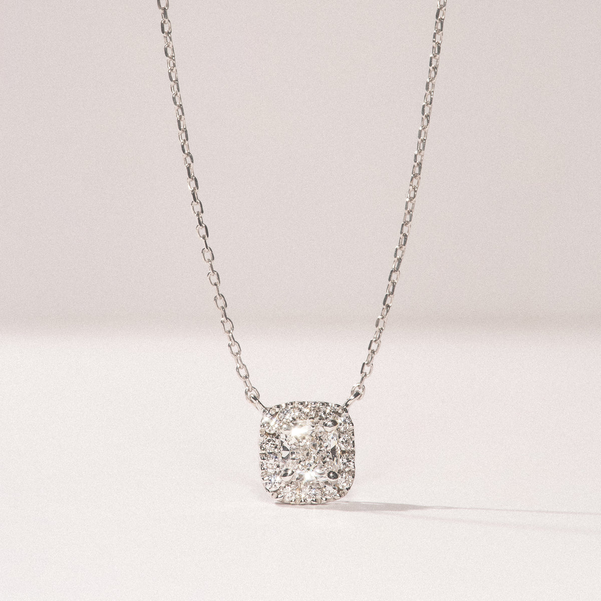 Lumia Cushion Cut Lab Diamond Halo Pendant 1.20ct F/VS in 9K White Gold