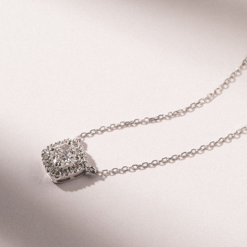 Lumia Cushion Cut Lab Diamond Halo Pendant 1.20ct F/VS in 9K White Gold