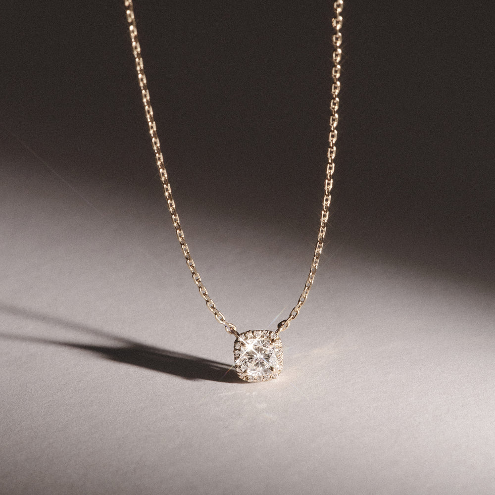 Lumia Halo 1.20ct Cushion Cut Lab Diamond Necklace in 9K Yellow Gold