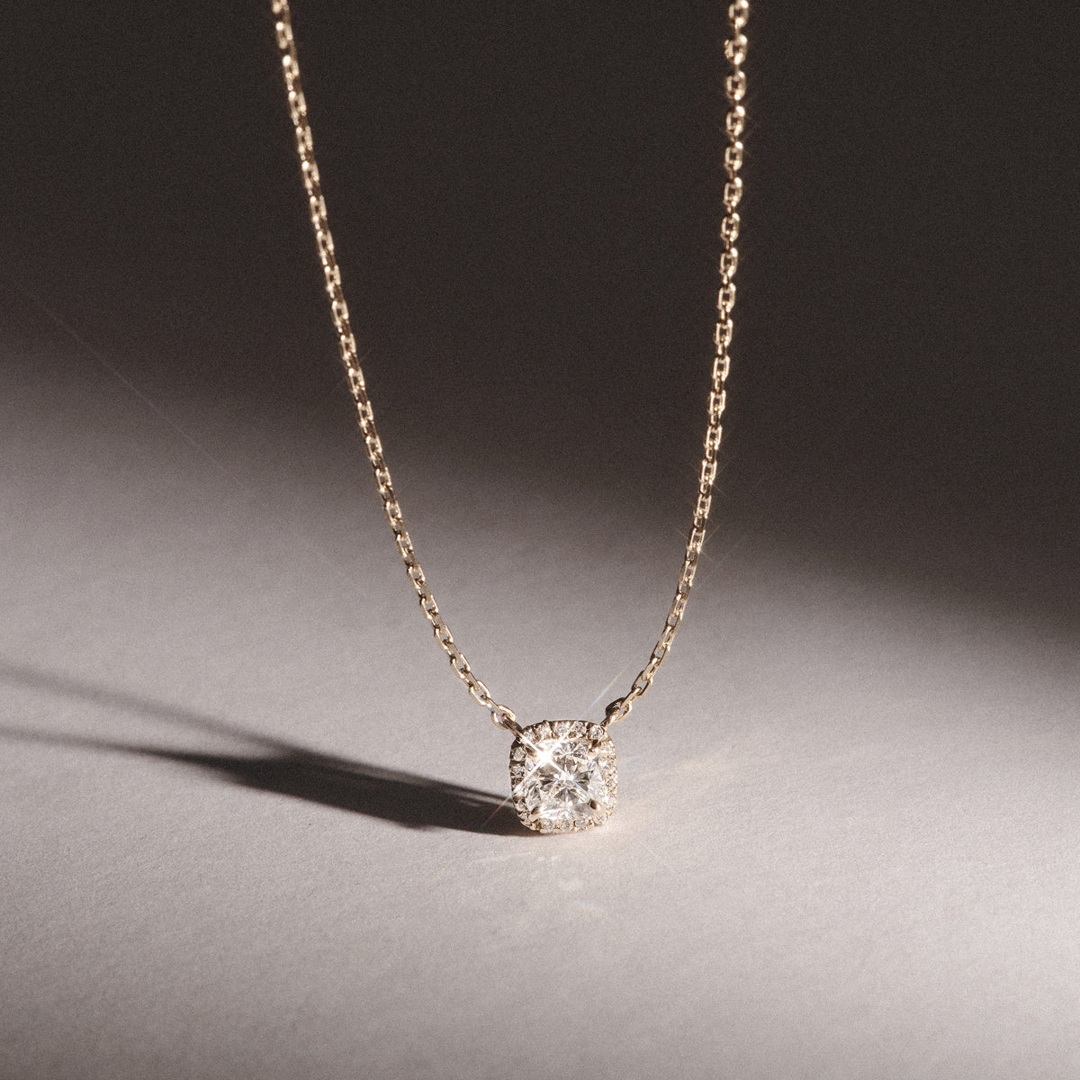 Lumia Halo 1.20ct Cushion Cut Lab Diamond Necklace in 9K Yellow Gold