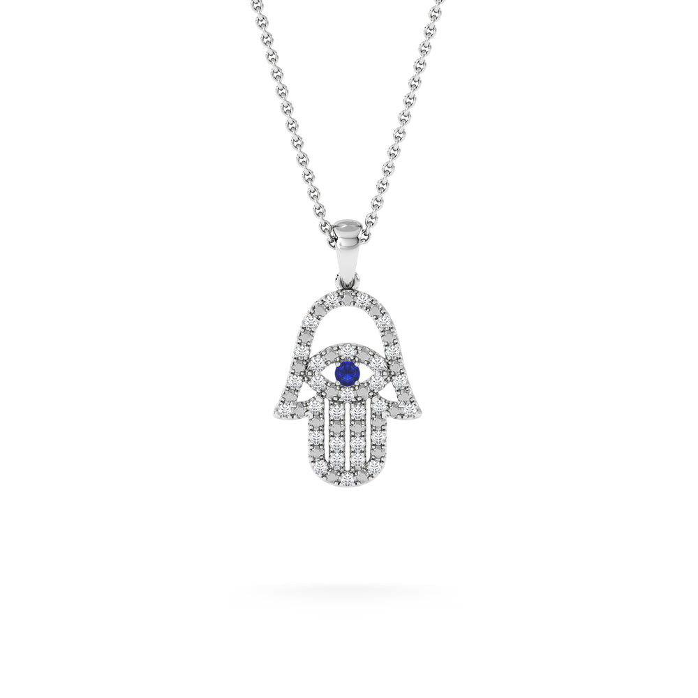 Hamsa Fortune 0.05ct Sapphire and 0.25ct Lab Grown Diamond Pendant Necklace in Sterling Silver