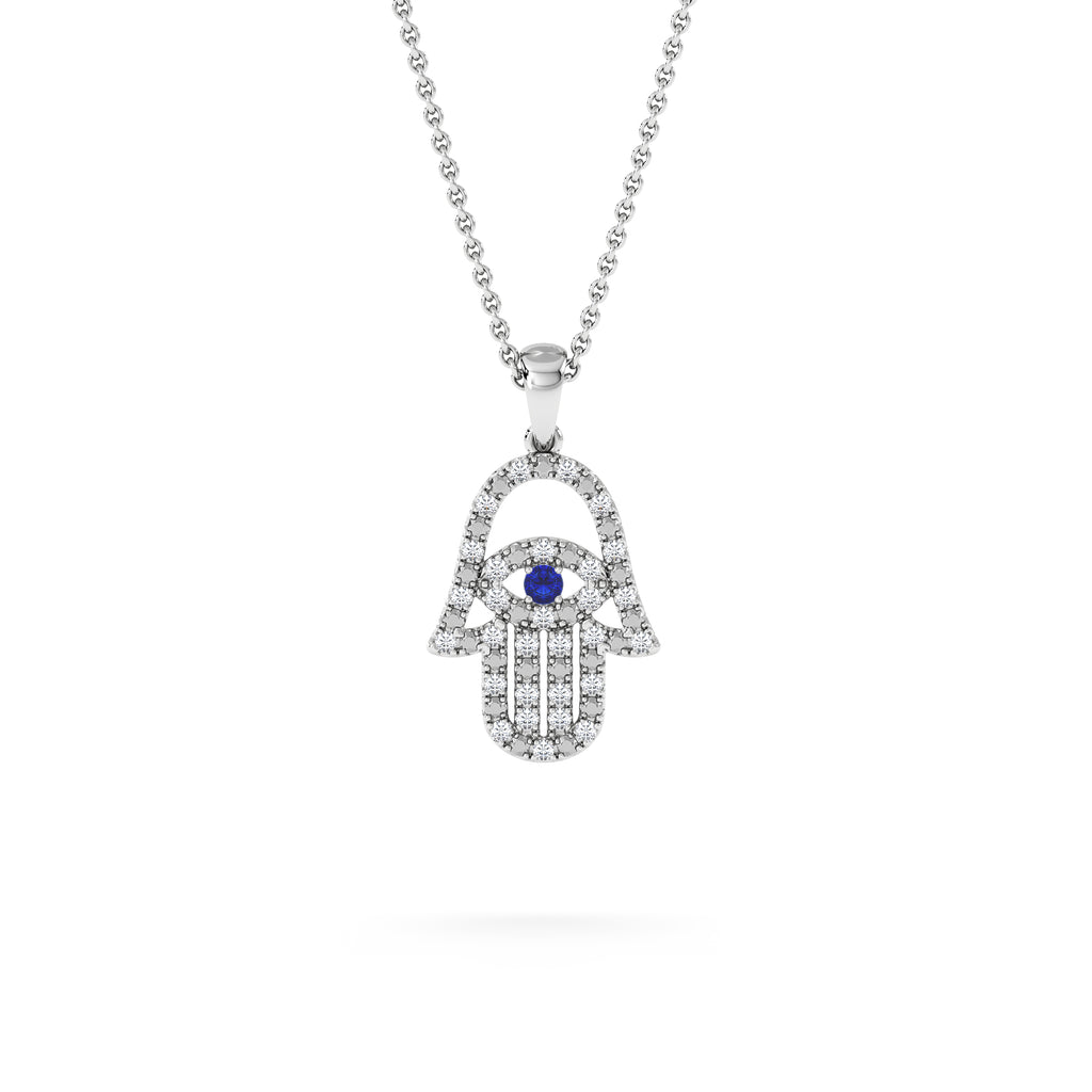 Hamsa Fortune 0.05ct Sapphire and 0.25ct Lab Grown Diamond Pendant Necklace in Sterling Silver