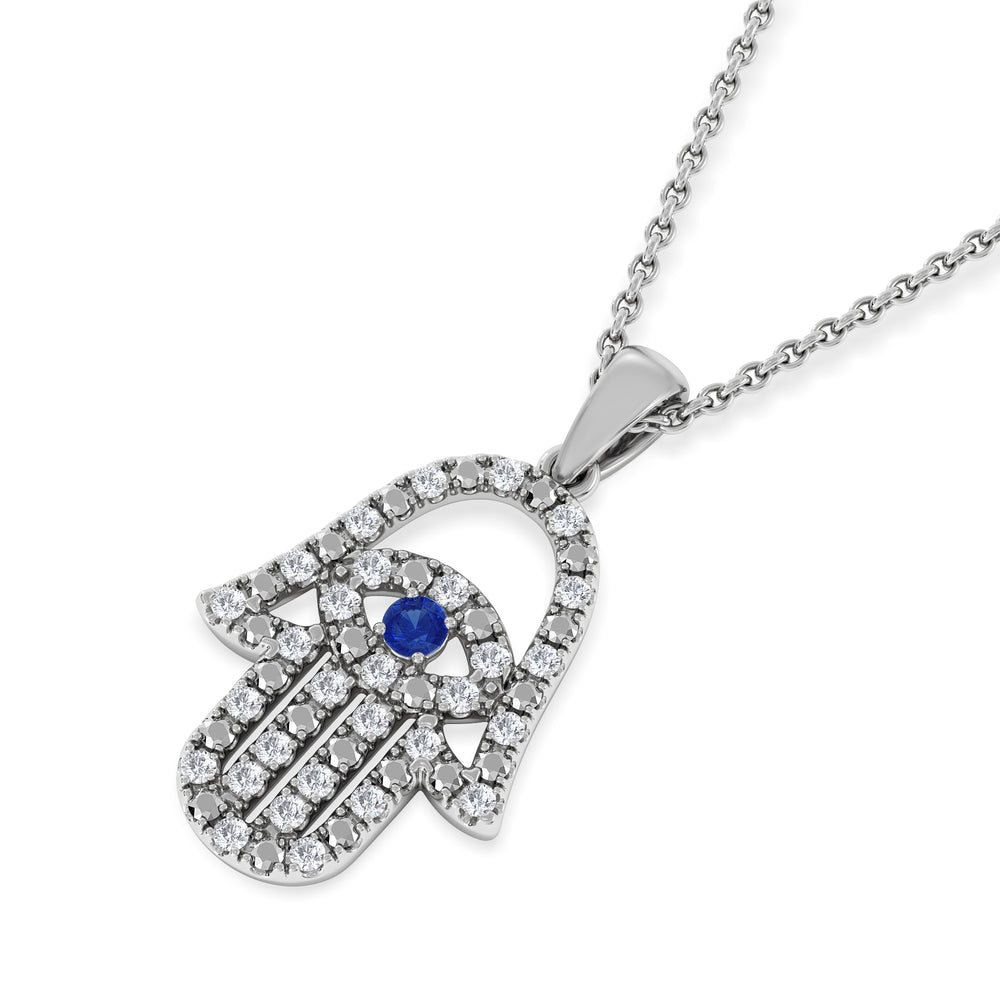 Hamsa Fortune 0.05ct Sapphire and 0.25ct Lab Grown Diamond Pendant Necklace in Sterling Silver