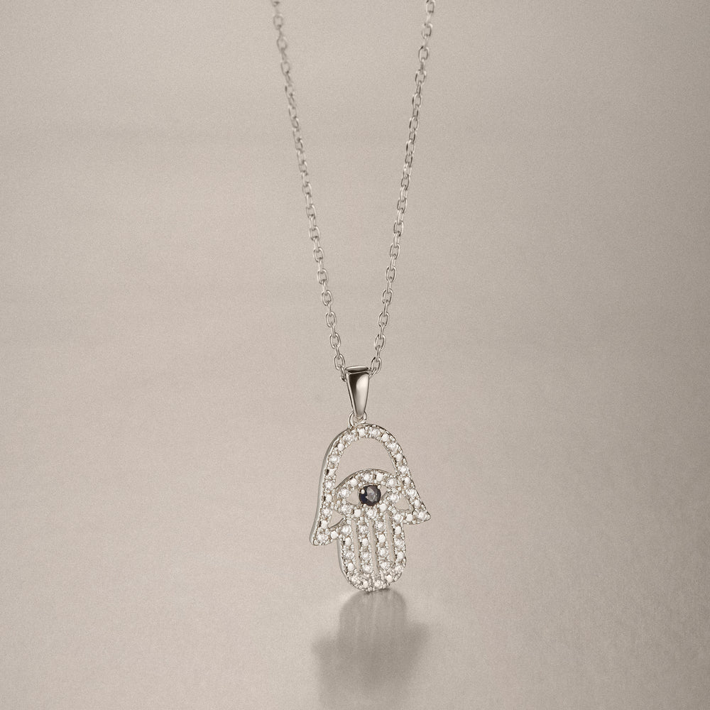 Hamsa Fortune 0.05ct Sapphire and 0.25ct Lab Grown Diamond Pendant Necklace in Sterling Silver