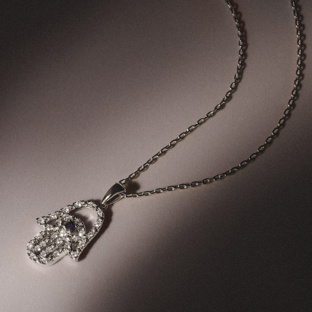 Hamsa Fortune 0.05ct Sapphire and 0.25ct Lab Grown Diamond Pendant Necklace in Sterling Silver