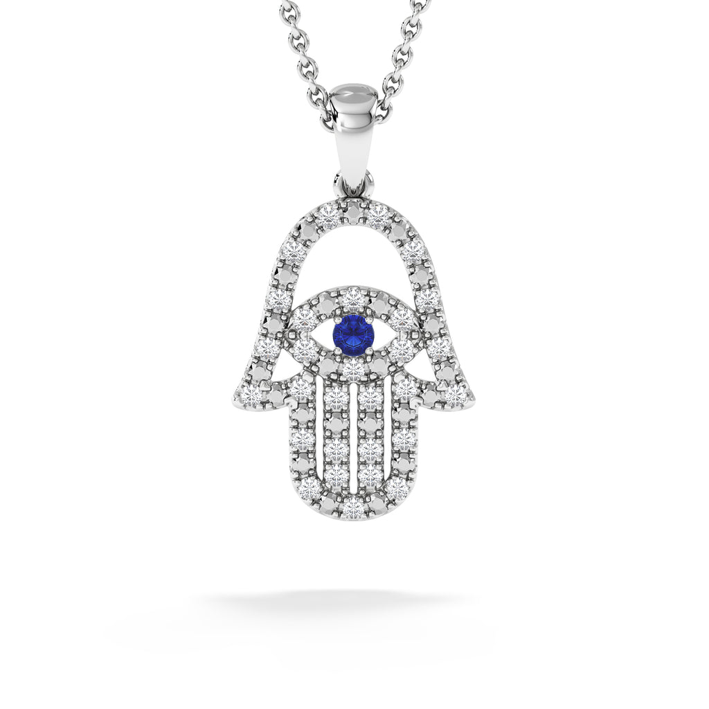 Hamsa Fortune 0.05ct Sapphire and 0.25ct Lab Grown Diamond Pendant Necklace in Sterling Silver
