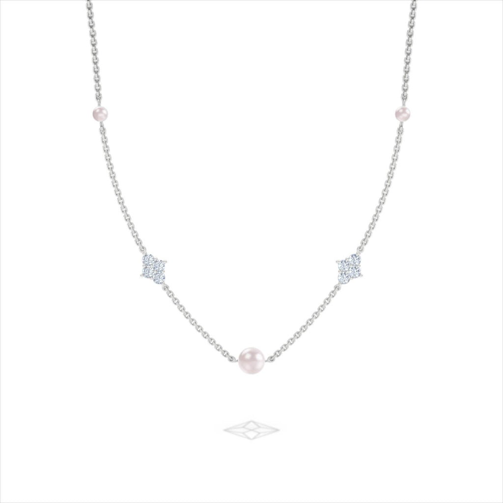 Eden 3.10ct Round Pearl and Lab Diamond Station Necklace in Sterling Silver