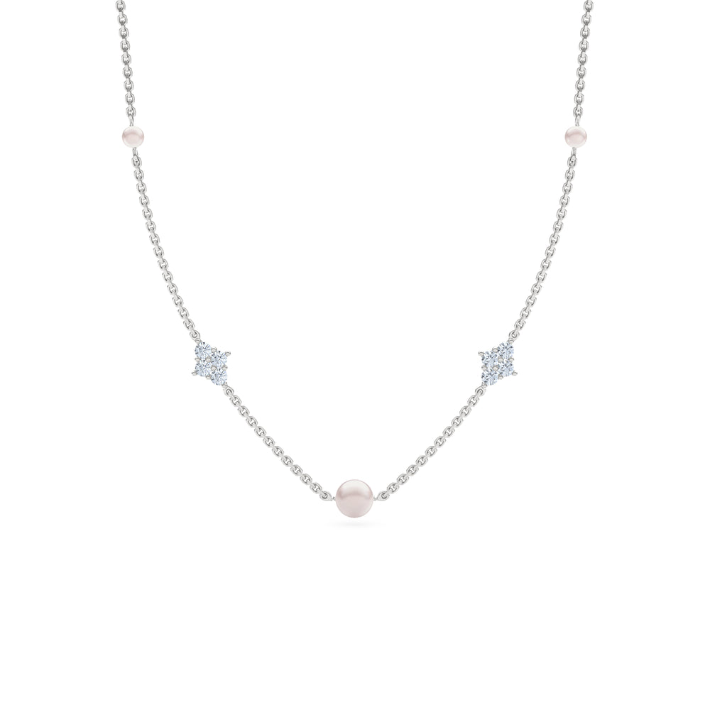 Eden 4mm and 6mm Round Pearls and Lab Diamond Station Necklace in Sterling Silver
