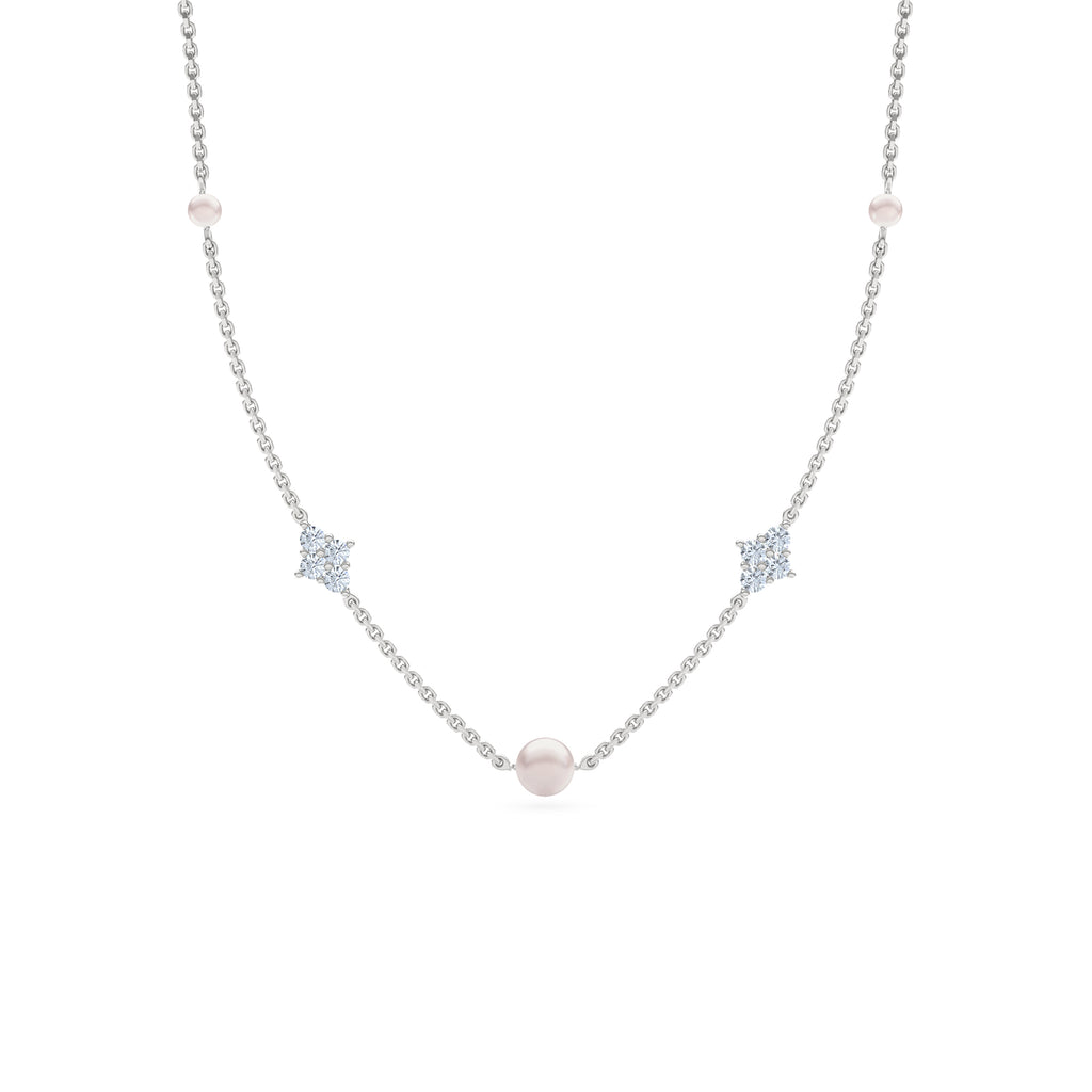 Eden 4mm and 6mm Round Pearls and Lab Diamond Station Necklace in Sterling Silver