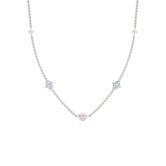 Eden 4mm and 6mm Round Pearls and Lab Diamond Station Necklace in Sterling Silver