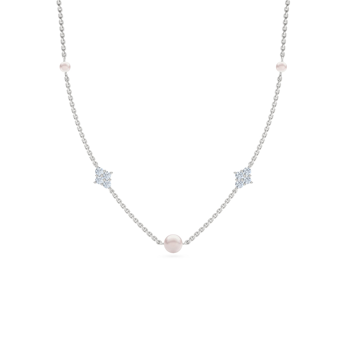 Eden 4mm and 6mm Round Pearls and Lab Diamond Station Necklace in Sterling Silver