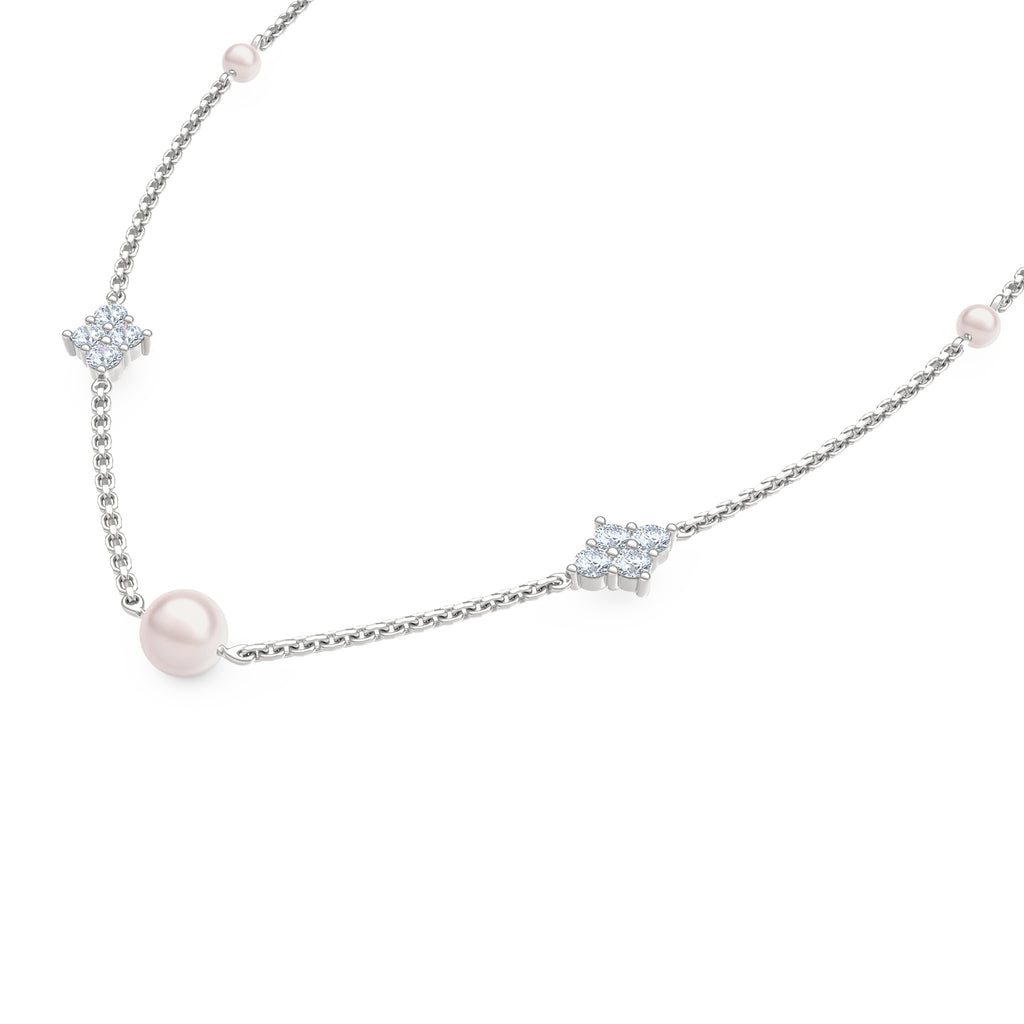 Eden 4mm and 6mm Round Pearls and Lab Diamond Station Necklace in Sterling Silver
