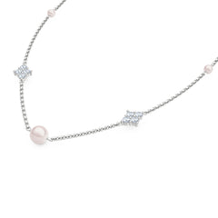Eden 4mm and 6mm Round Pearls and Lab Diamond Station Necklace in Sterling Silver
