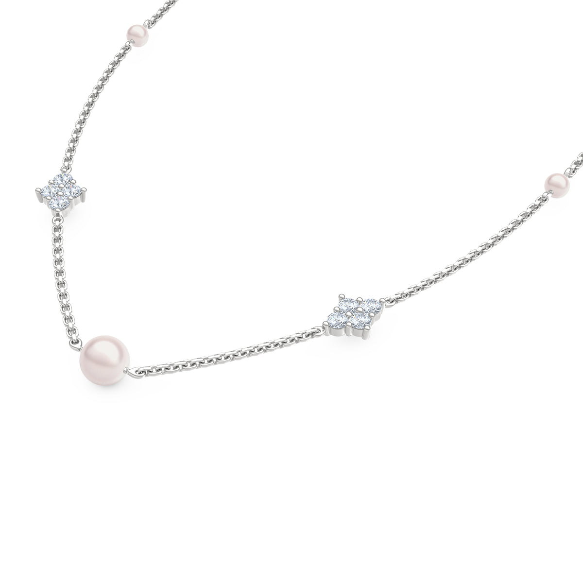 Eden 4mm and 6mm Round Pearls and Lab Diamond Station Necklace in Sterling Silver
