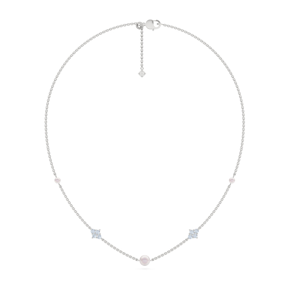 Eden 4mm and 6mm Round Pearls and Lab Diamond Station Necklace in Sterling Silver