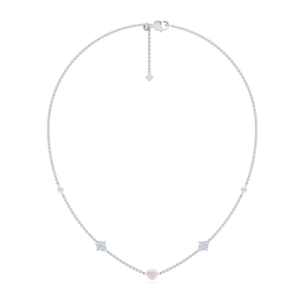 Eden 4mm and 6mm Round Pearls and Lab Diamond Station Necklace in Sterling Silver