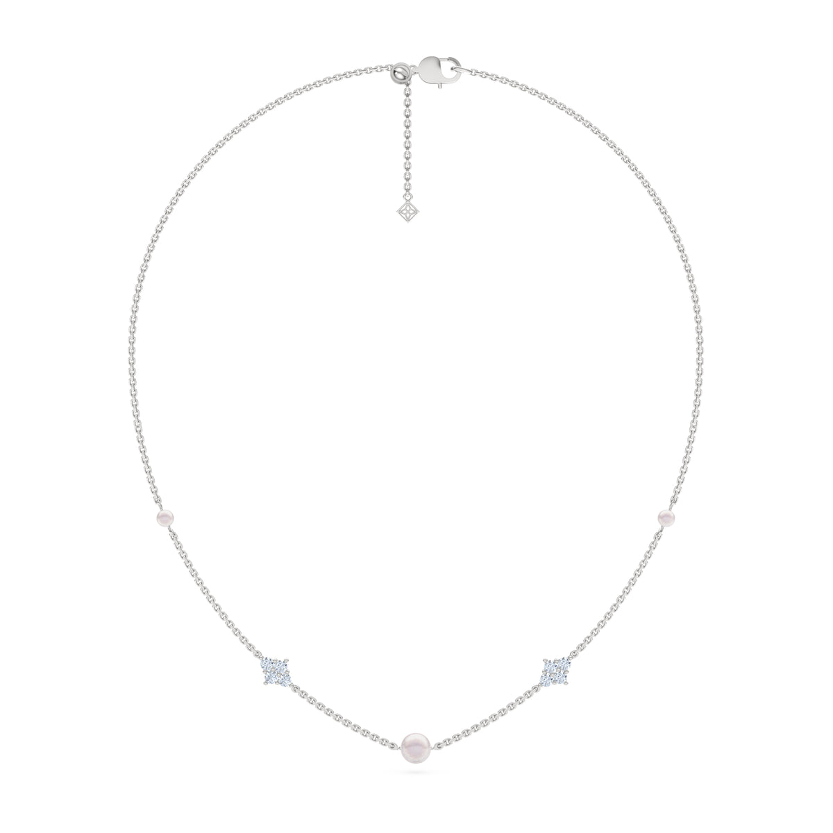 Eden 4mm and 6mm Round Pearls and Lab Diamond Station Necklace in Sterling Silver