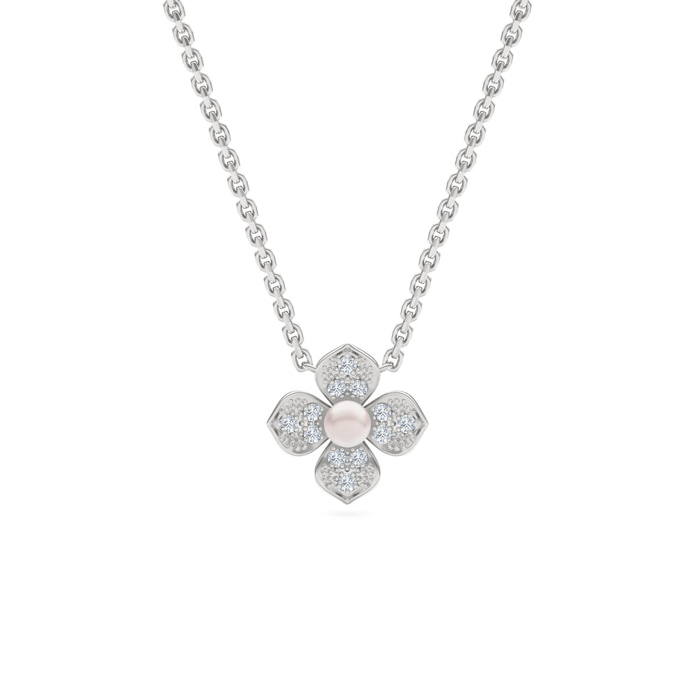 Eden 4mm Round Pearl and Lab Diamond Floral Necklace in Sterling Silver