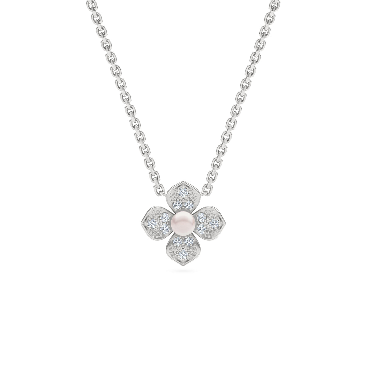Eden 4mm Round Pearl and Lab Diamond Floral Necklace in Sterling Silver