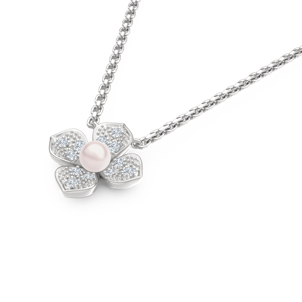 Eden 4mm Round Pearl and Lab Diamond Floral Necklace in Sterling Silver