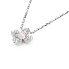 Eden 4mm Round Pearl and Lab Diamond Floral Necklace in Sterling Silver